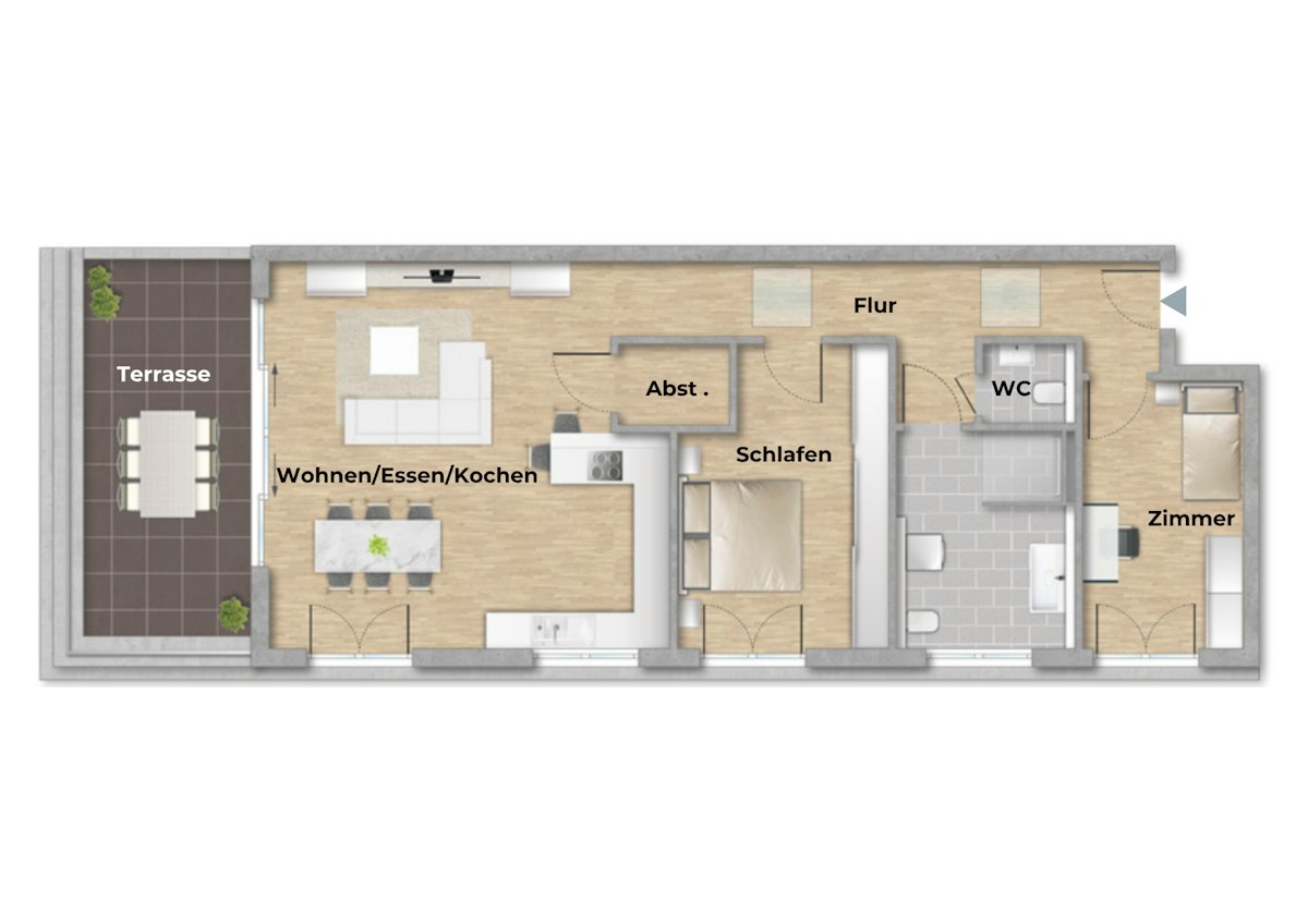 Grundriss eines Penthouse mit Terrasse, offenem Wohn-Ess-Koch-Bereich, Schlafzimmer, Flur, Abstellraum, WC und einem zusätzlichen Zimmer.