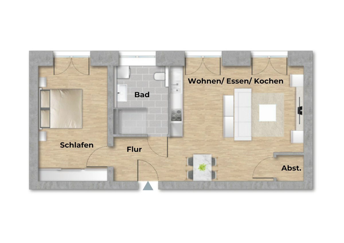Grundriss einer Wohnung mit Schlafzimmer, Bad, Flur, Wohn-, Ess- und Kochbereich sowie einem Abstellraum.