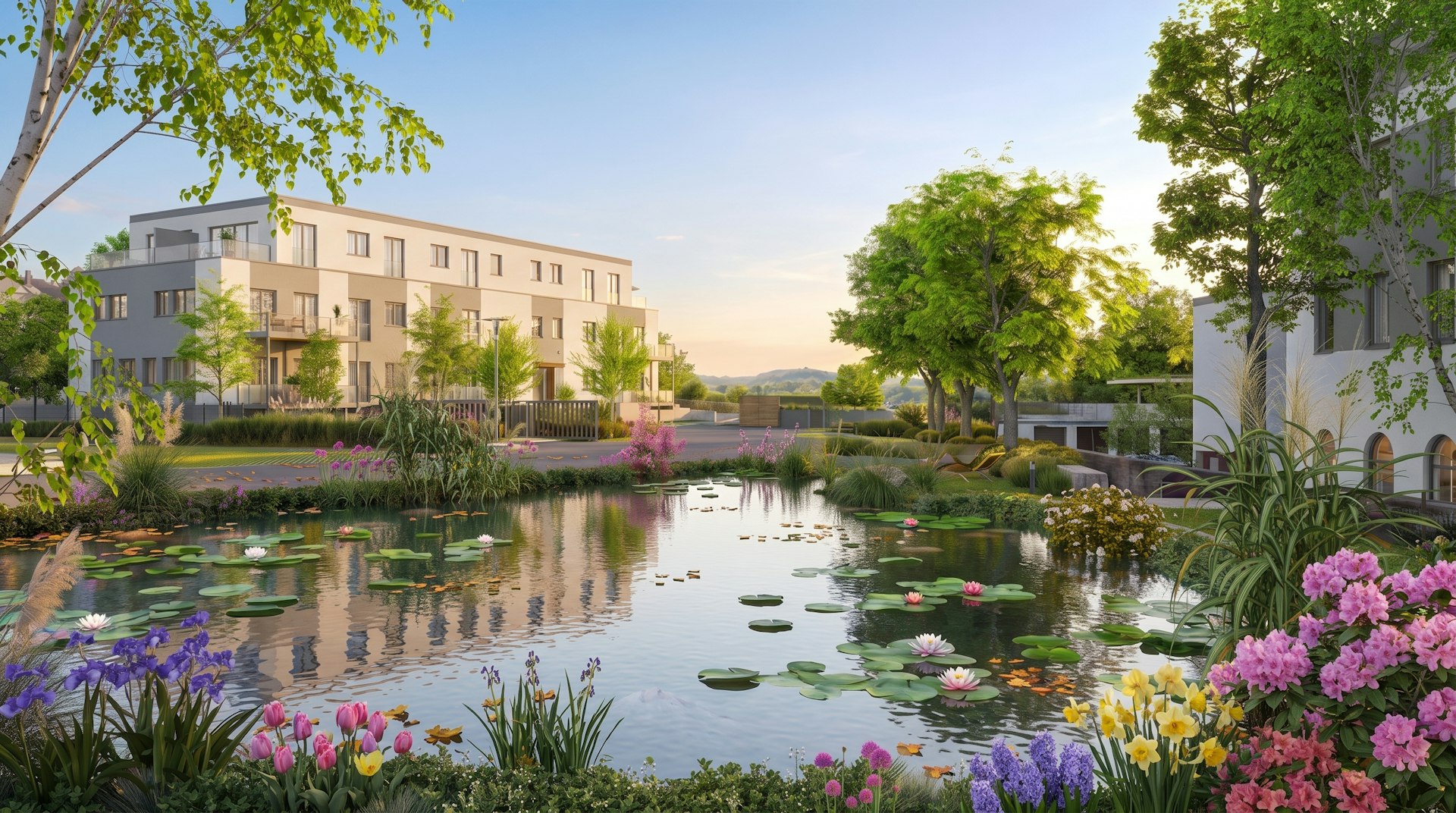Teich mit Seerosen und Blumenbeeten vor modernen Wohngebäuden, umgeben von Bäumen und Grünflächen bei sonnigem Himmel.