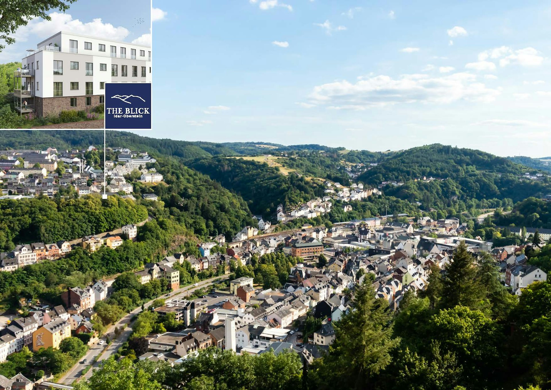 Blick auf das Stadtgebiet von Idar-Oberstein mit vielen Häusern und bewaldeten Hügeln unter einem bewölkten Himmel, kleines Bild zeigt modernes Wohngebäude.