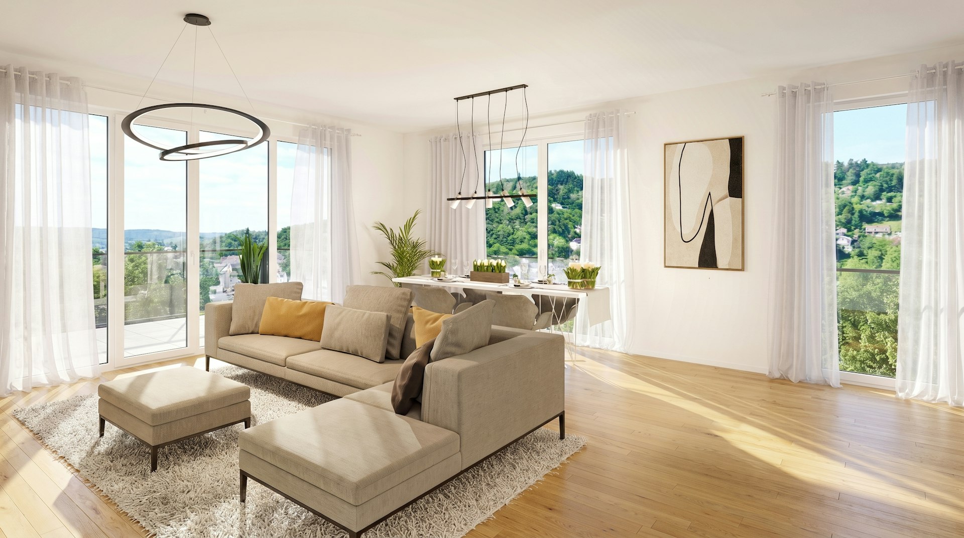 Wohnraum mit großen Fensterflächen und Ausblick